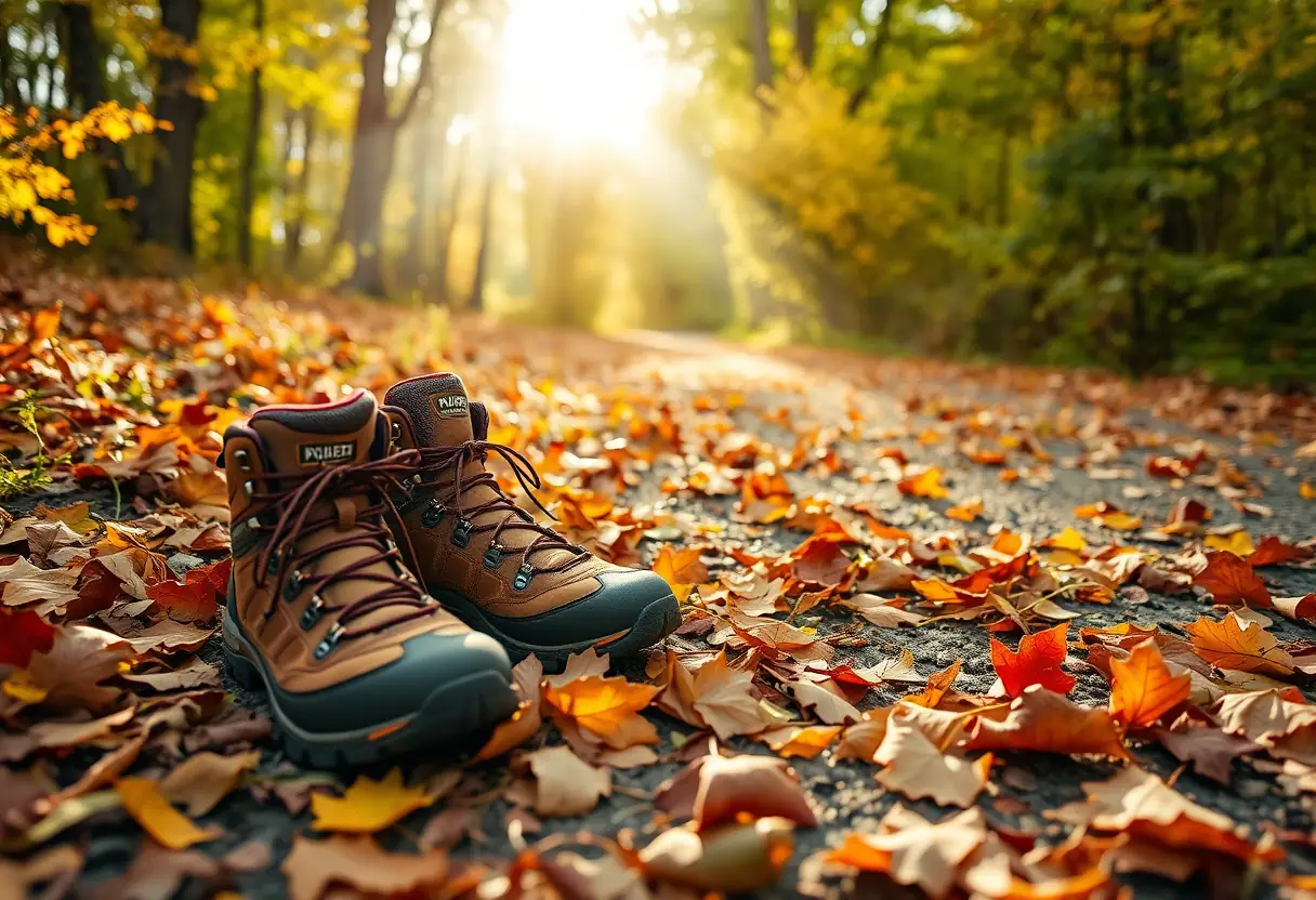 Bottes de randonnée près d'un sentier couvert de feuilles mortes, lumière naturelle