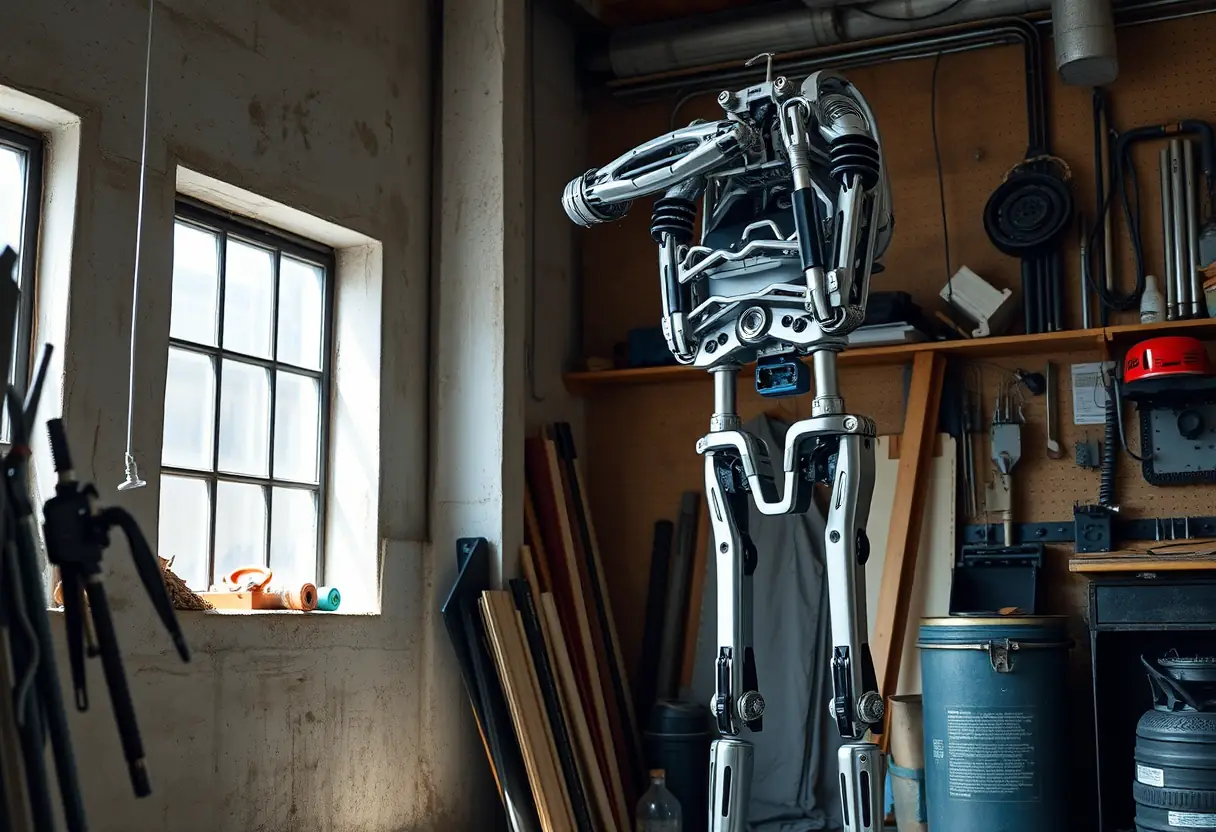 Cadre en aluminium d'un exosquelette appuyé contre un mur dans un atelier, lumière naturelle