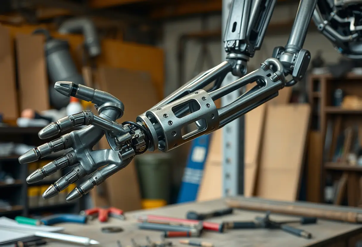 Exosquelette de bras en atelier de fabrication, lumière naturelle mettant en valeur la texture du métal