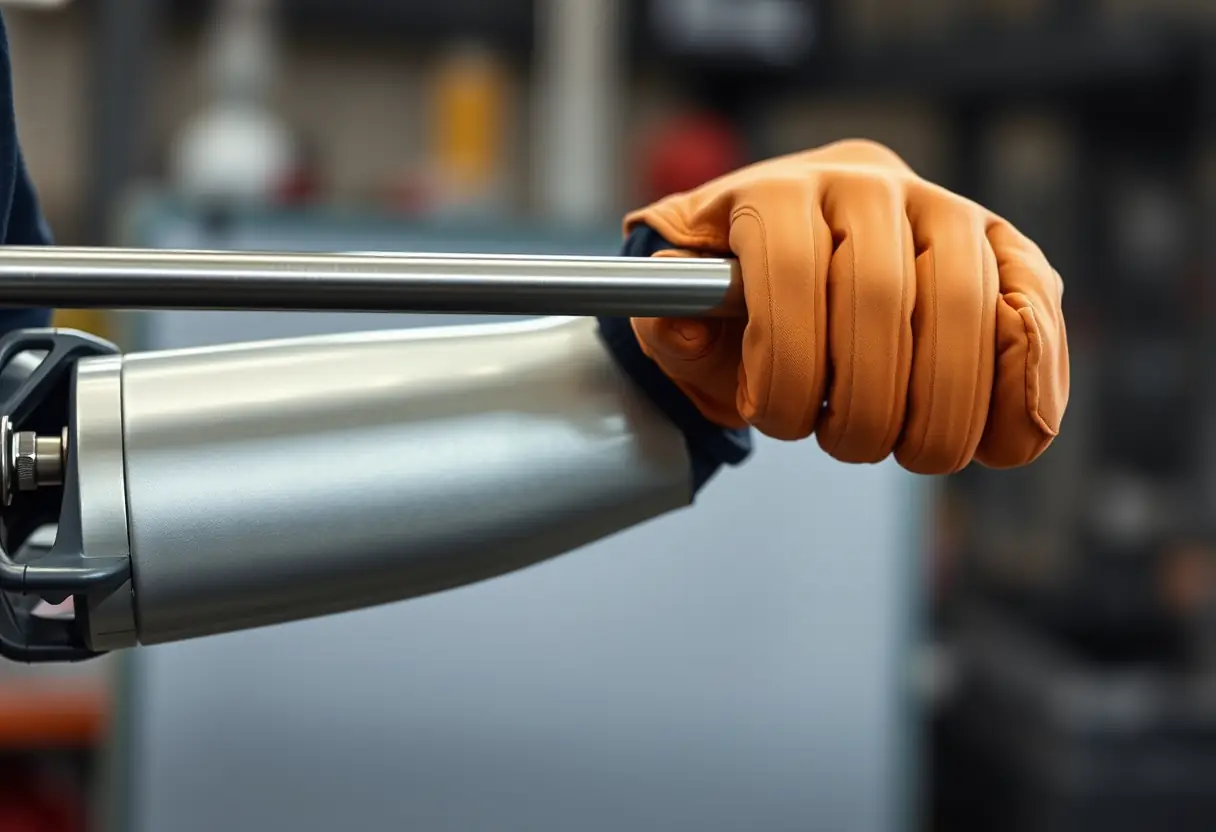 Main de travailleur gantée tenant une barre métallique d'un exosquelette passif dans une usine