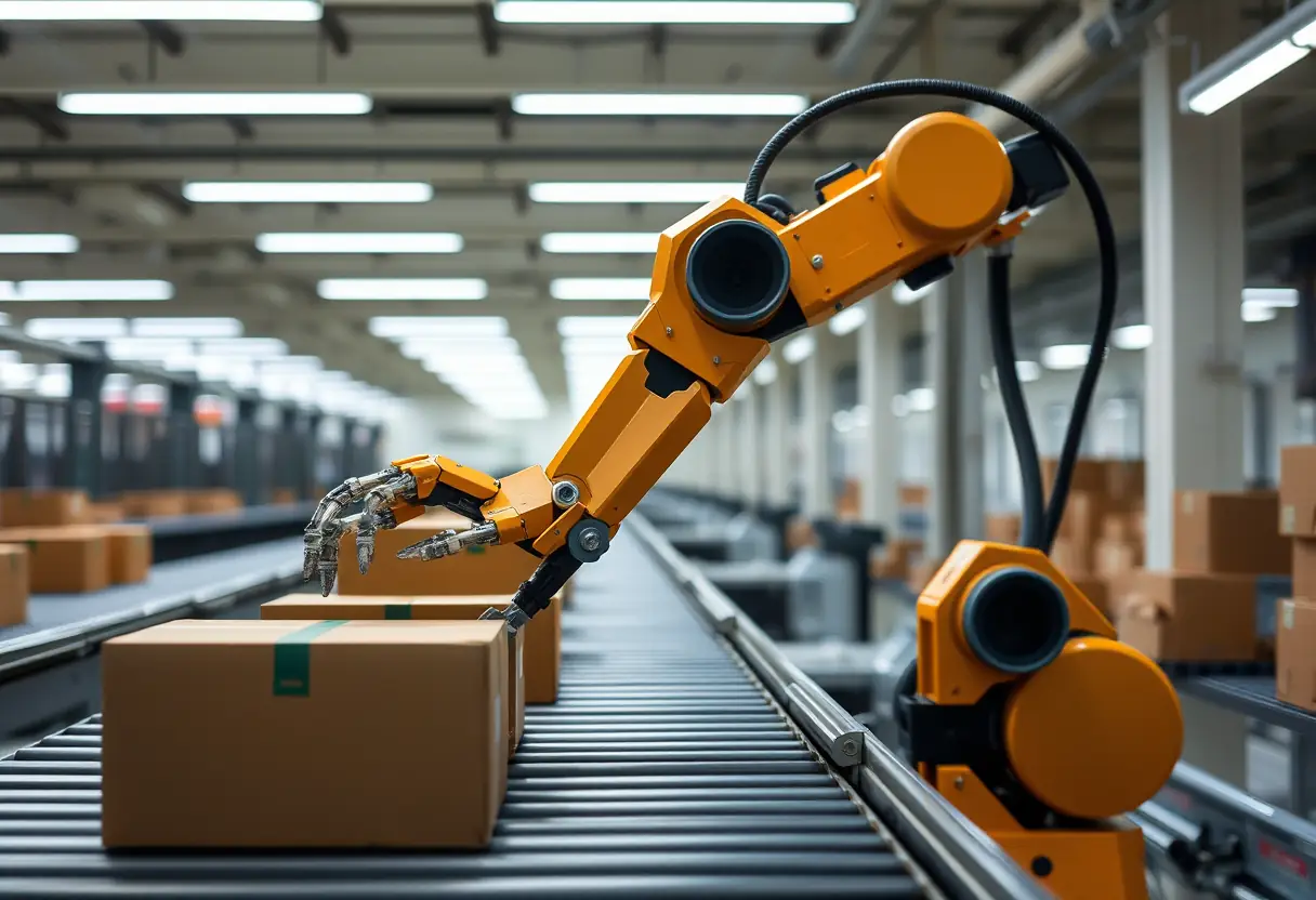 Bras d'exosquelette sur un tapis transporteur dans une usine