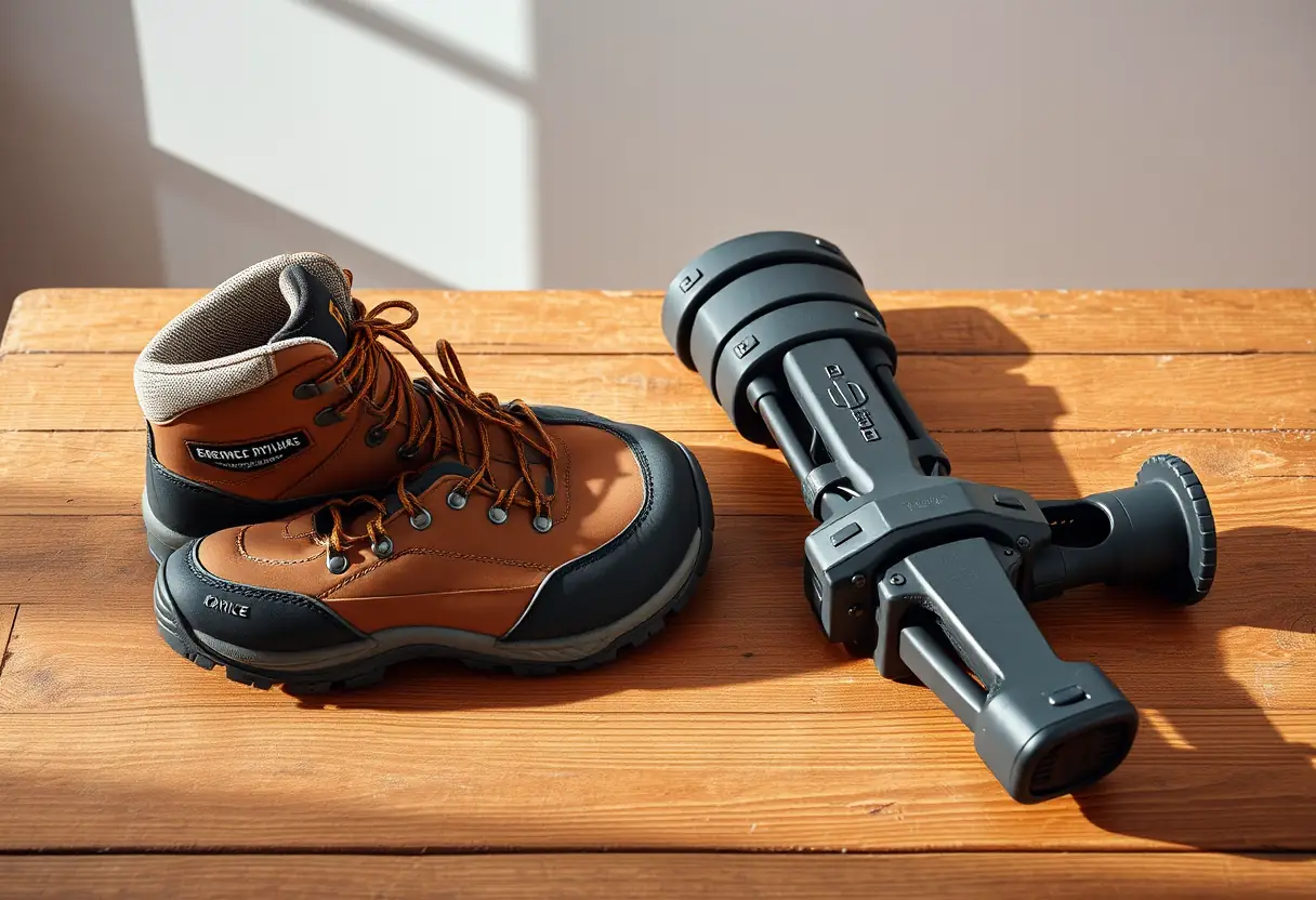 Bottes de randonnée près d'un exosquelette de jambe sur une table, sans texte, photo éditoriale