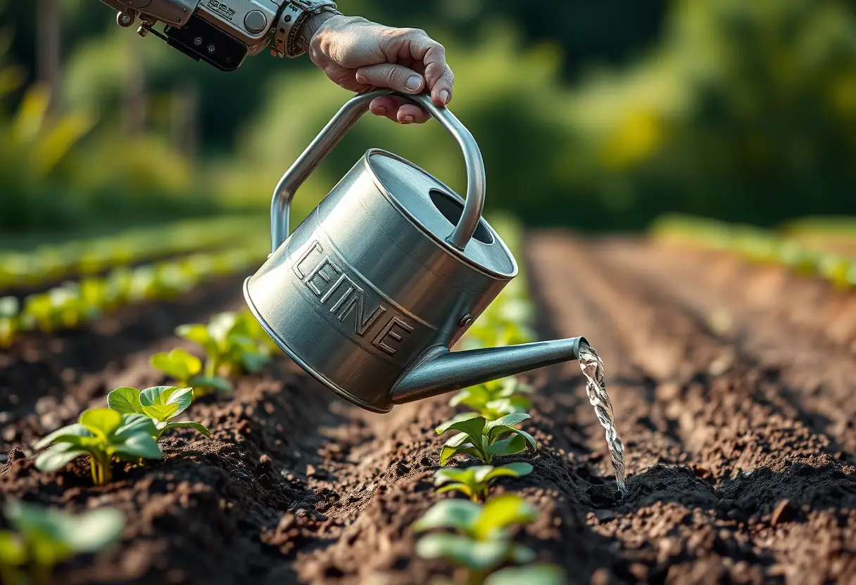 La main d'un fermier stabilise un arrosoir métallique à côté de semis frais, soutenu par un exosquelette