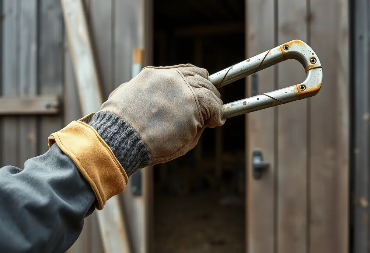 Main de travailleur portant exosquelette près d'une porte de grange
