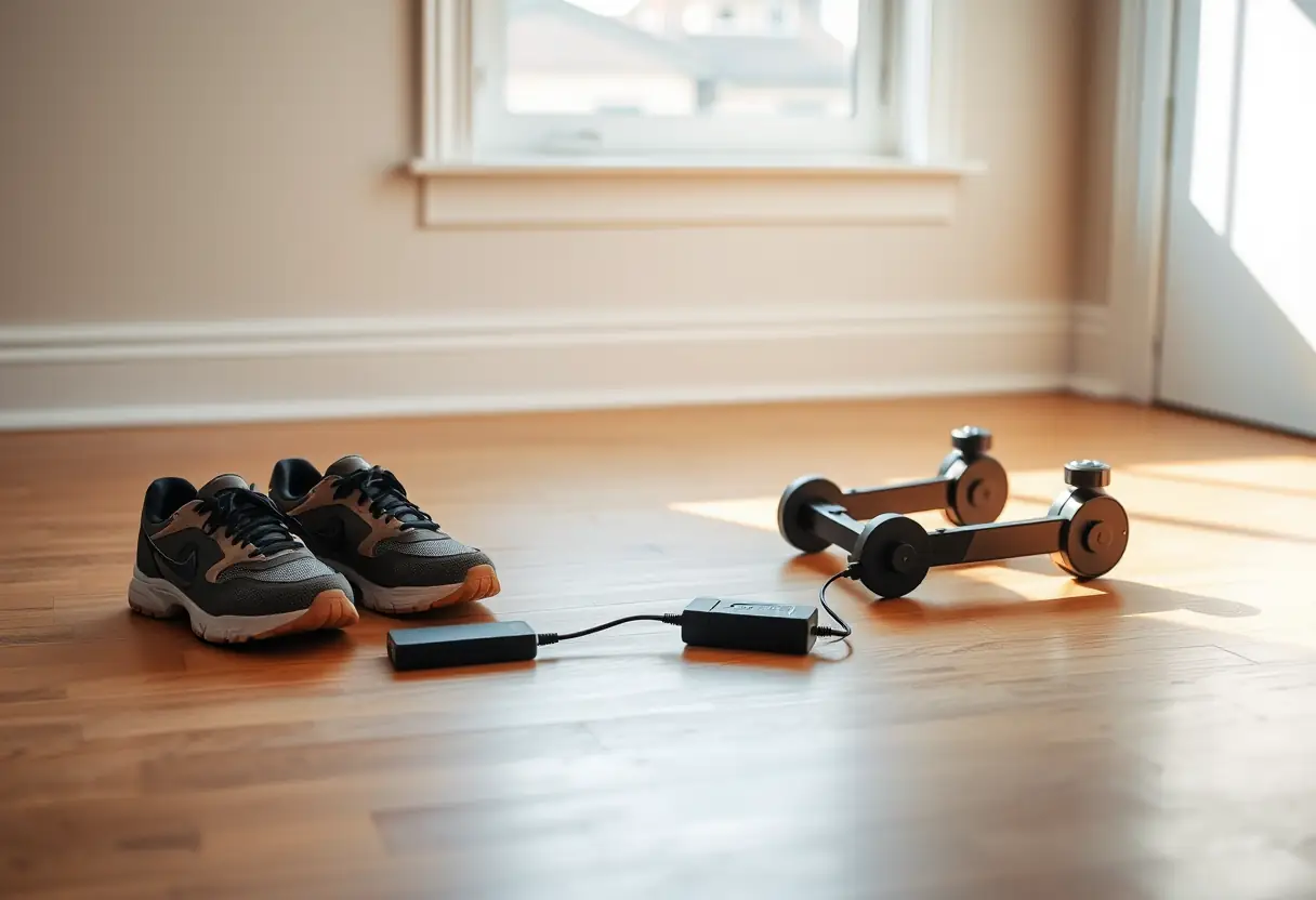 Chaussures près d'un chargeur portable sur un plancher de bois