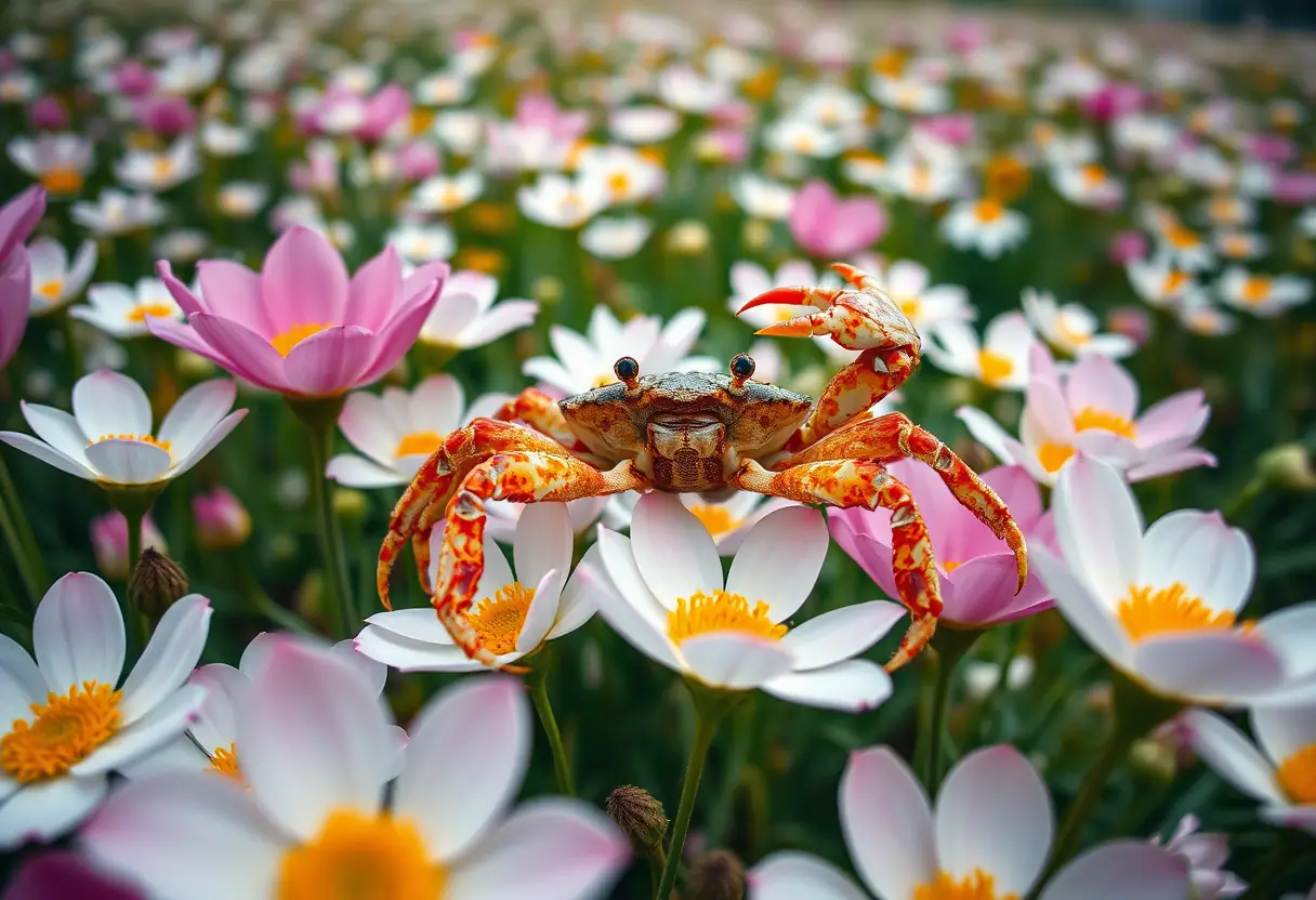 Crabe sur un lit de fleurs sauvages, coquille visible