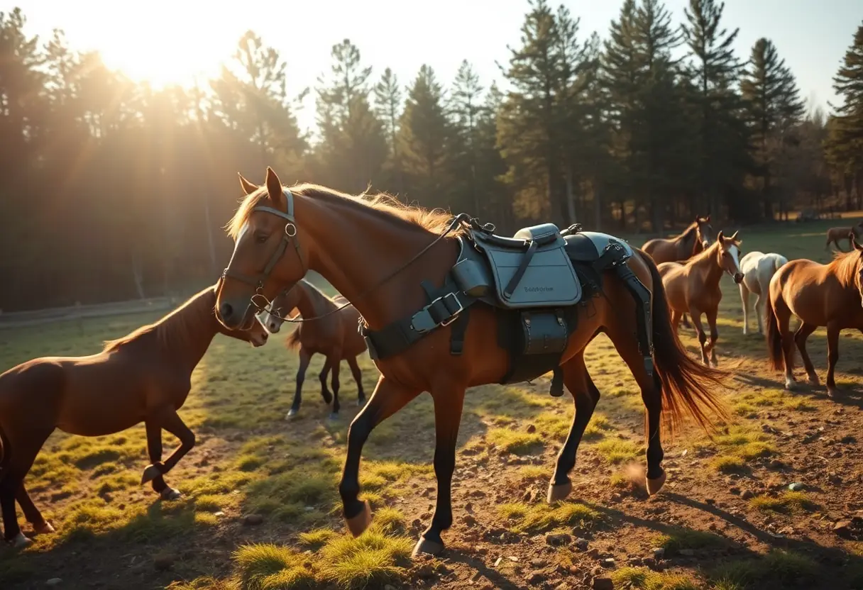 Cheval équipé d'un exosquelette se déplaçant librement dans un pré