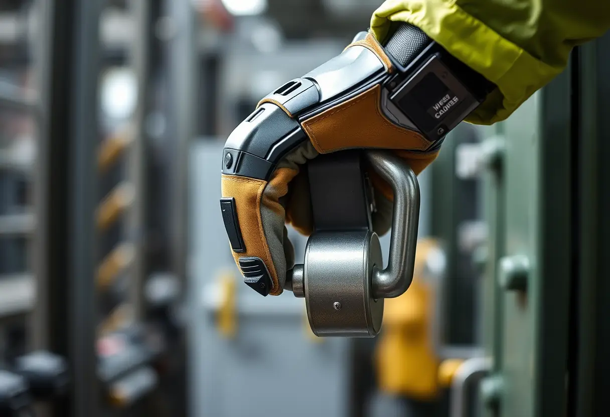 Main de travailleur avec gants tenant poignée métallique sur machine industrielle