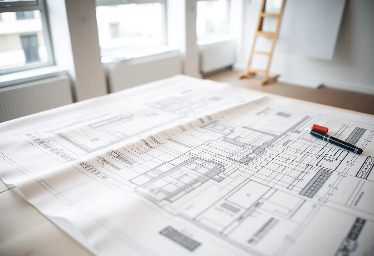 Plans de construction étalés sur un bureau, exosquelette BTP