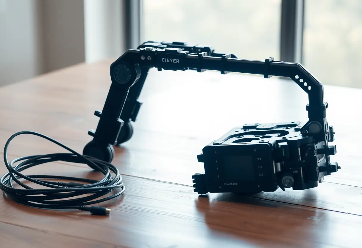 Appareil exosquelettaire posé sur une table, avec ses capteurs visibles