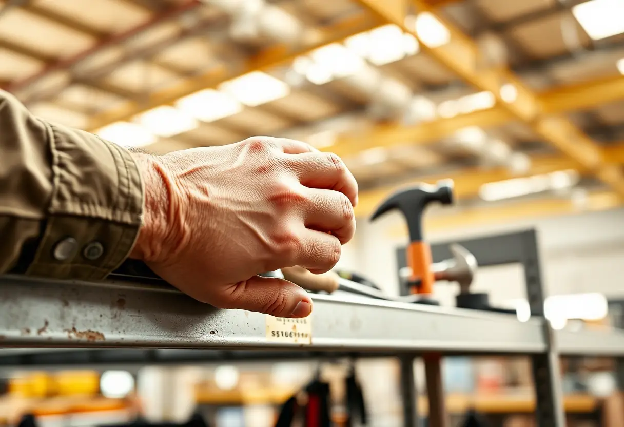 Main de travailleur sur étagère métallique avec outils