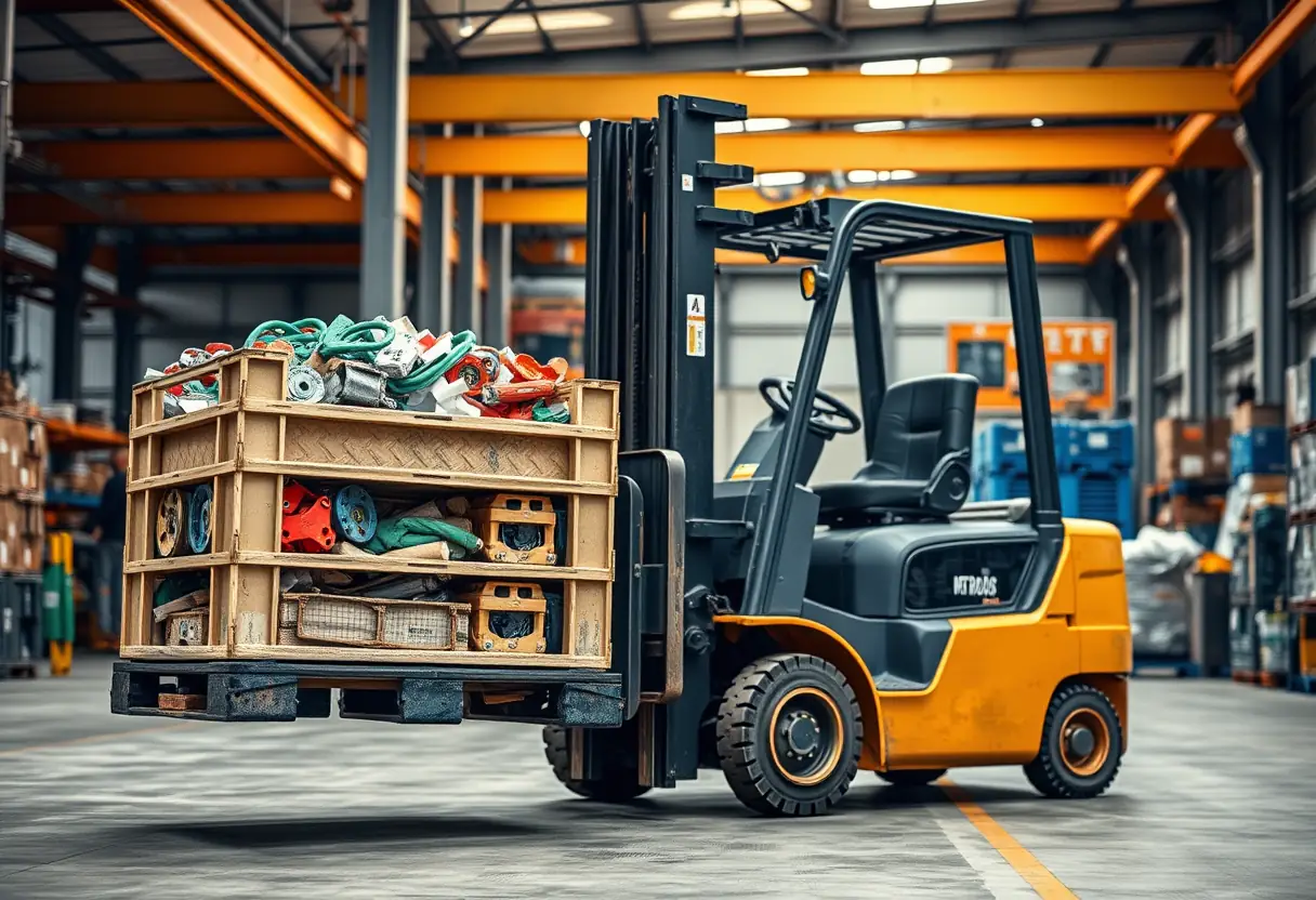 Fourgonnette de manutention dans un entrepôt industriel avec caisses de pièces