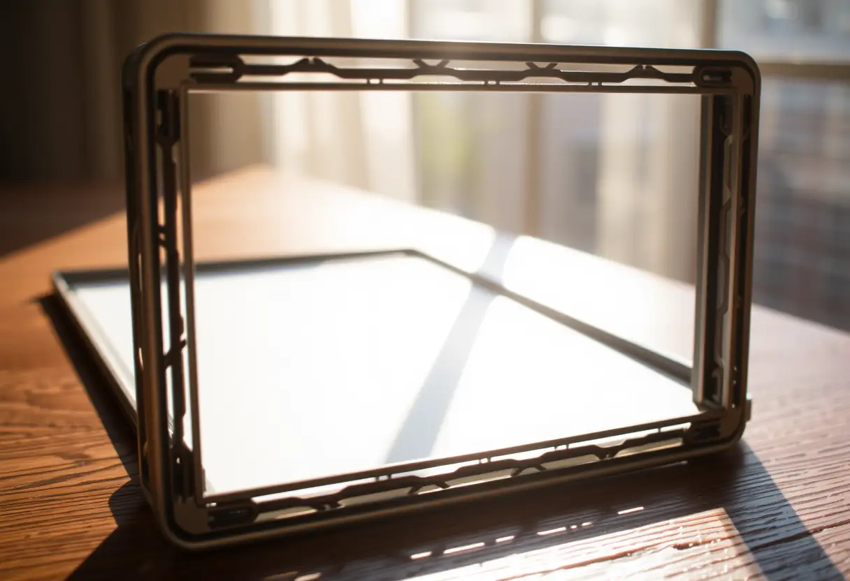Cadre métallique sur une table, lumière naturelle