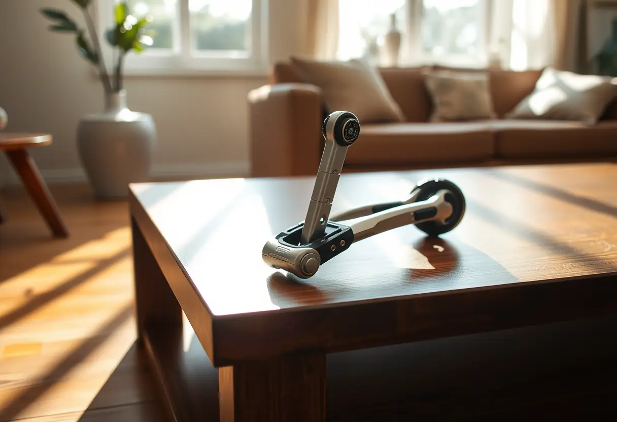 Un élément métallique d'exosquelette reposant sur une table dans un salon, éclairé par la lumière du jour