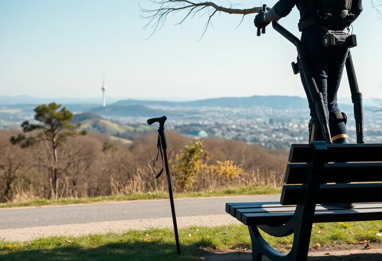 Un utilisateur d'exosquelette observe un paysage de collines et une ville lointaine depuis un parc