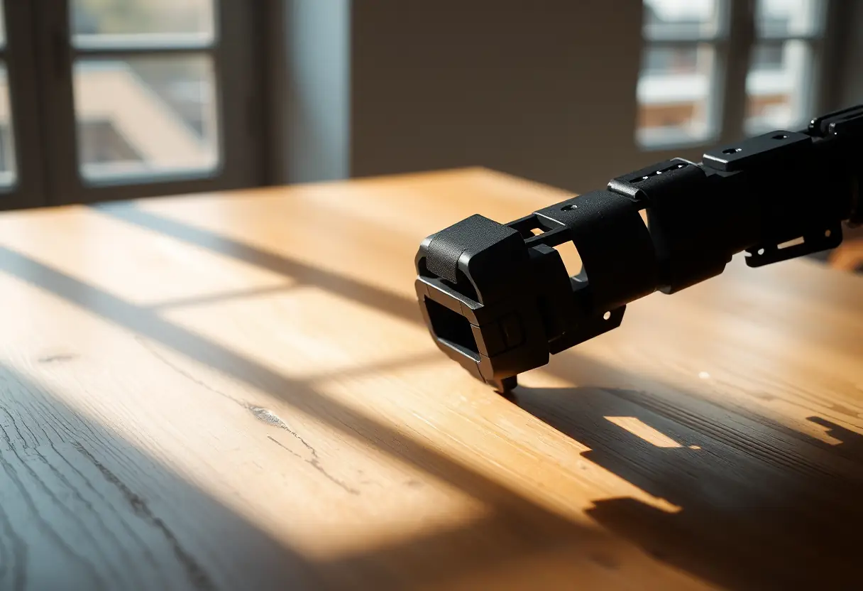 Exosquelette de genou posé sur une table, lumière naturelle