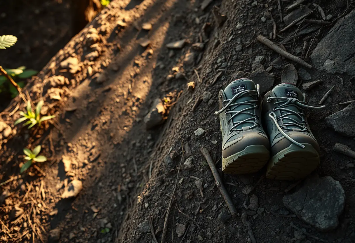 chaussures de randonnée posées près d'un sentier forestier, lumière du matin