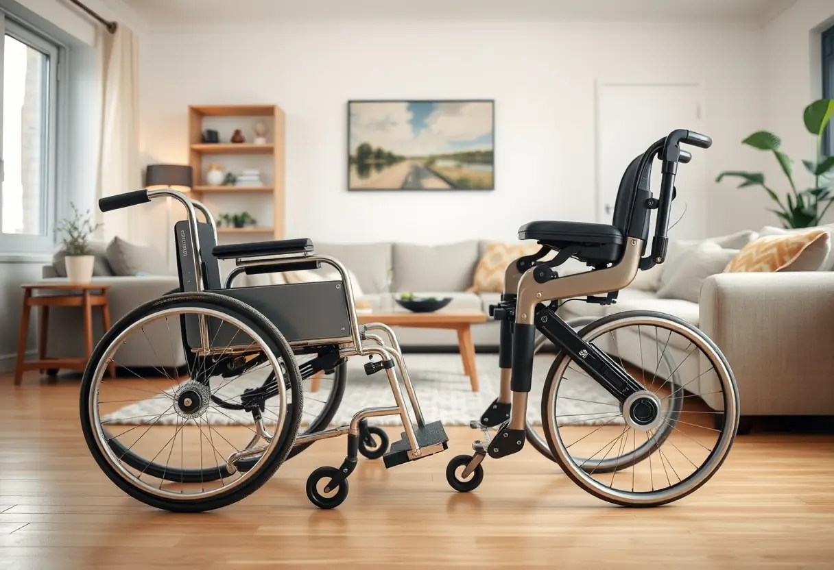 Un fauteuil roulant à côté d'un exosquelette dans un salon, illustrant la transition de la dépendance vers l'autonomie