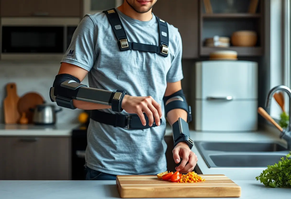 Une personne utilisant un exosquelette dans une cuisine, préparant des aliments, soulignant la facilitation des activités quotidiennes
