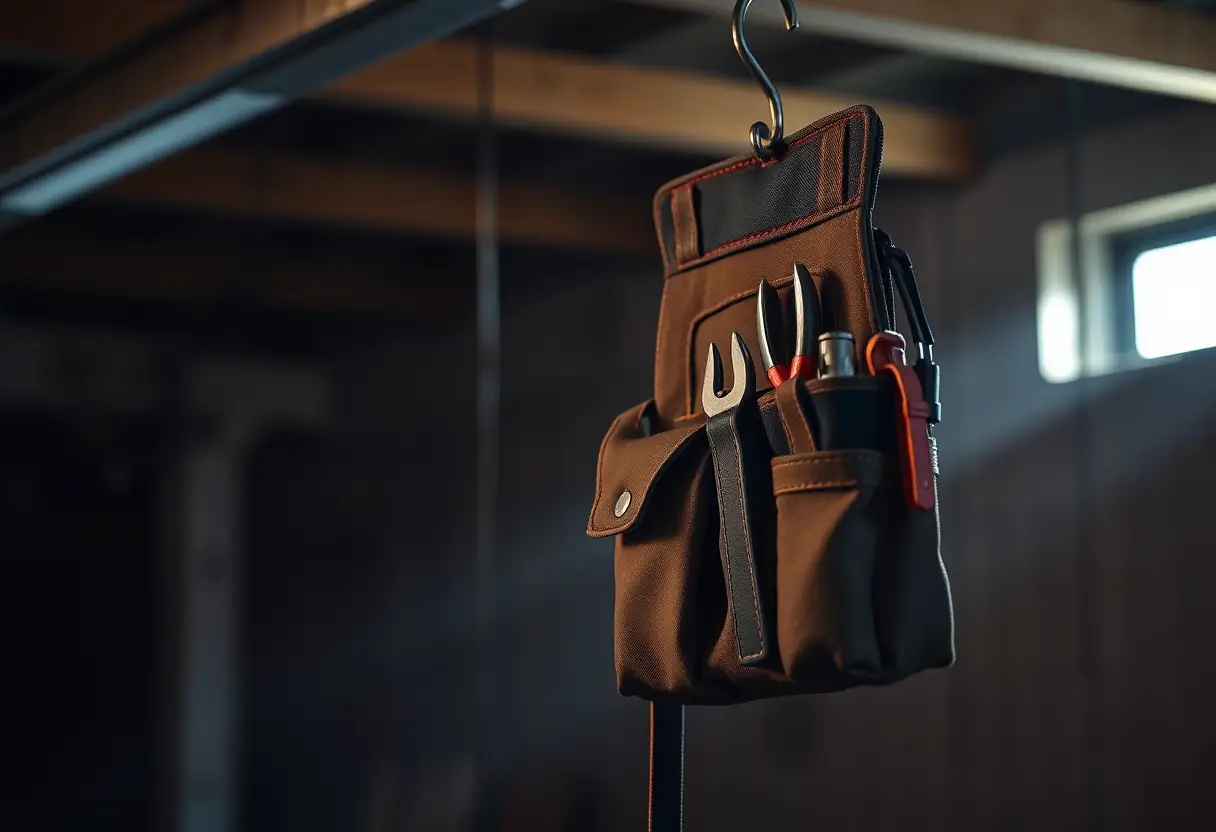 Ceinture de travail accrochée à un clou dans un chantier de construction
