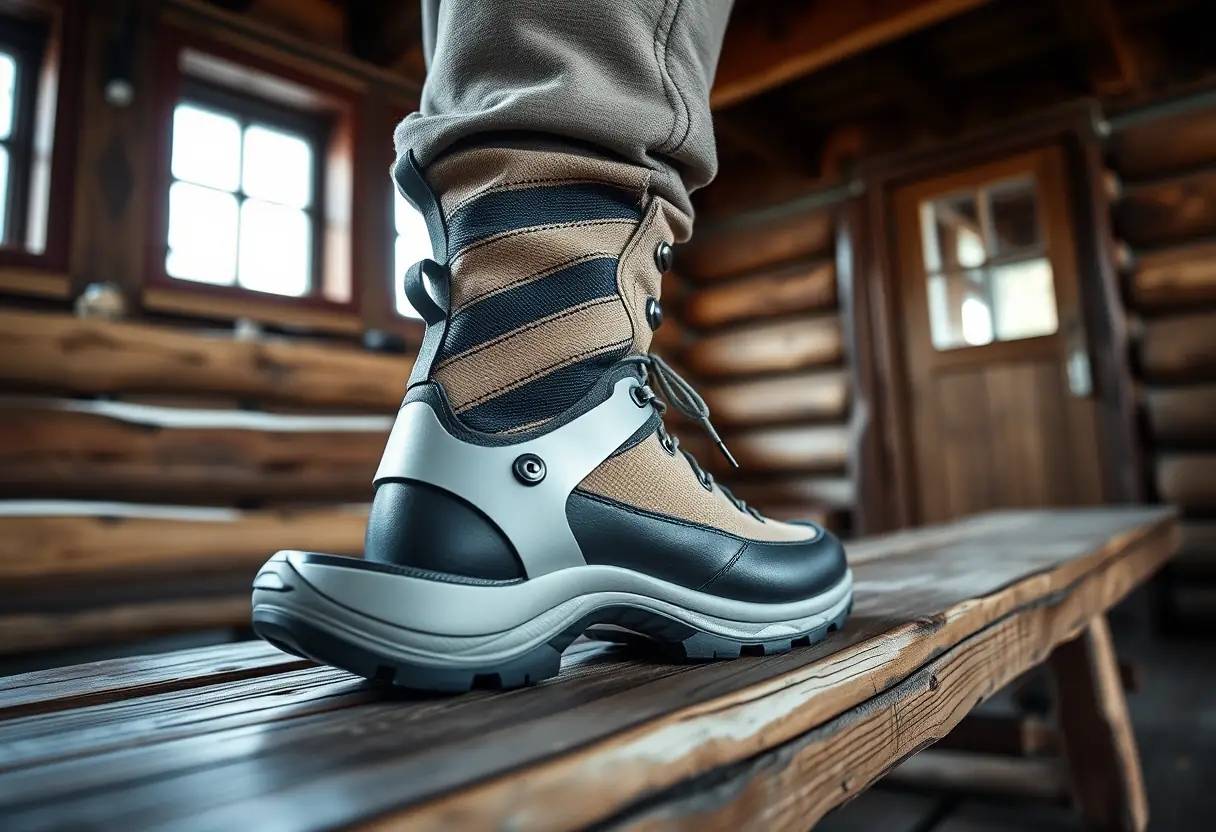 Chaussure de randonnée posée sur un banc de cabane de montagne avec un composant métallique d'exosquelette, sous la lumière naturelle
