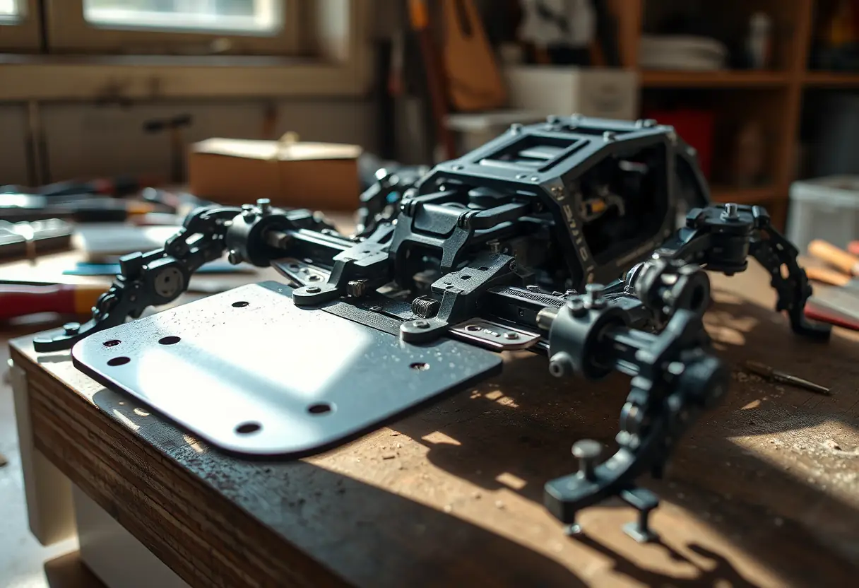 Pièce métallique sur un bureau de travail avec outils, contexte exosquelette jambe
