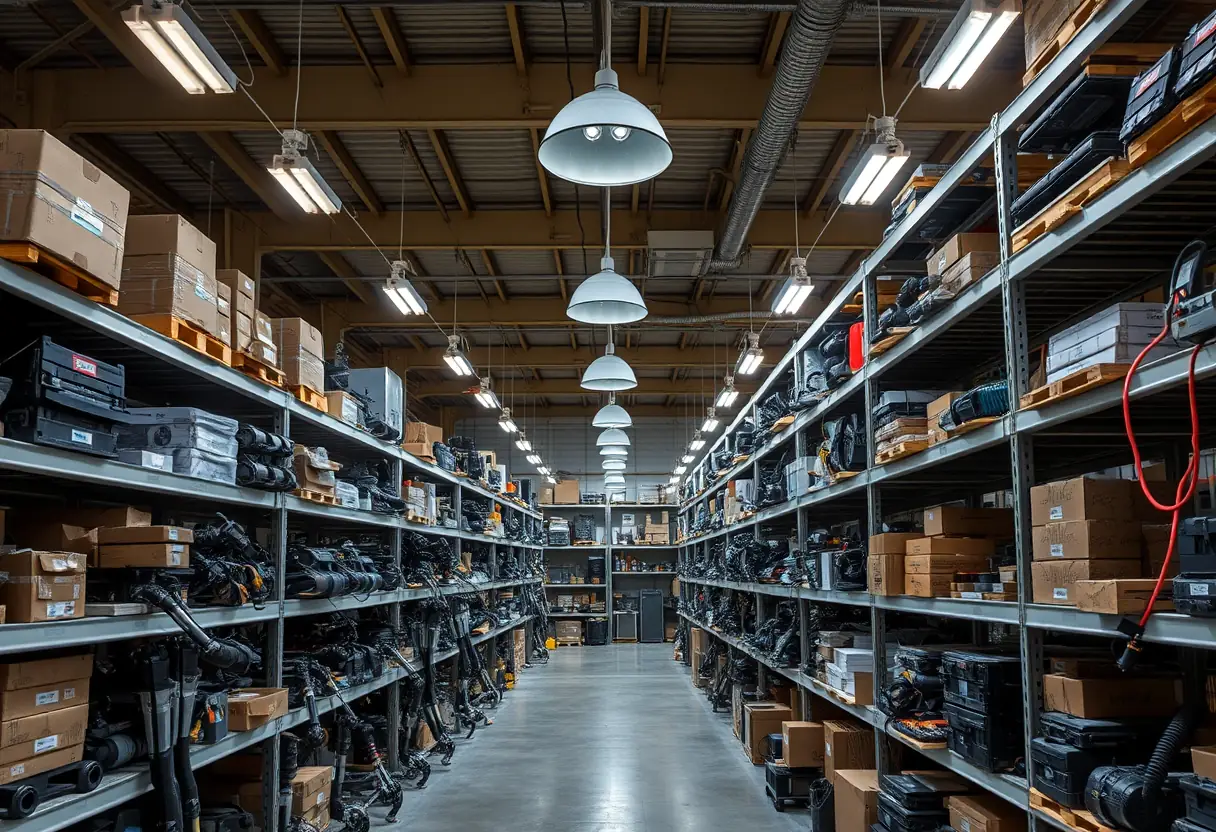 Salle de stockage d'usine avec pièces d'exosquelette, éclairage industriel