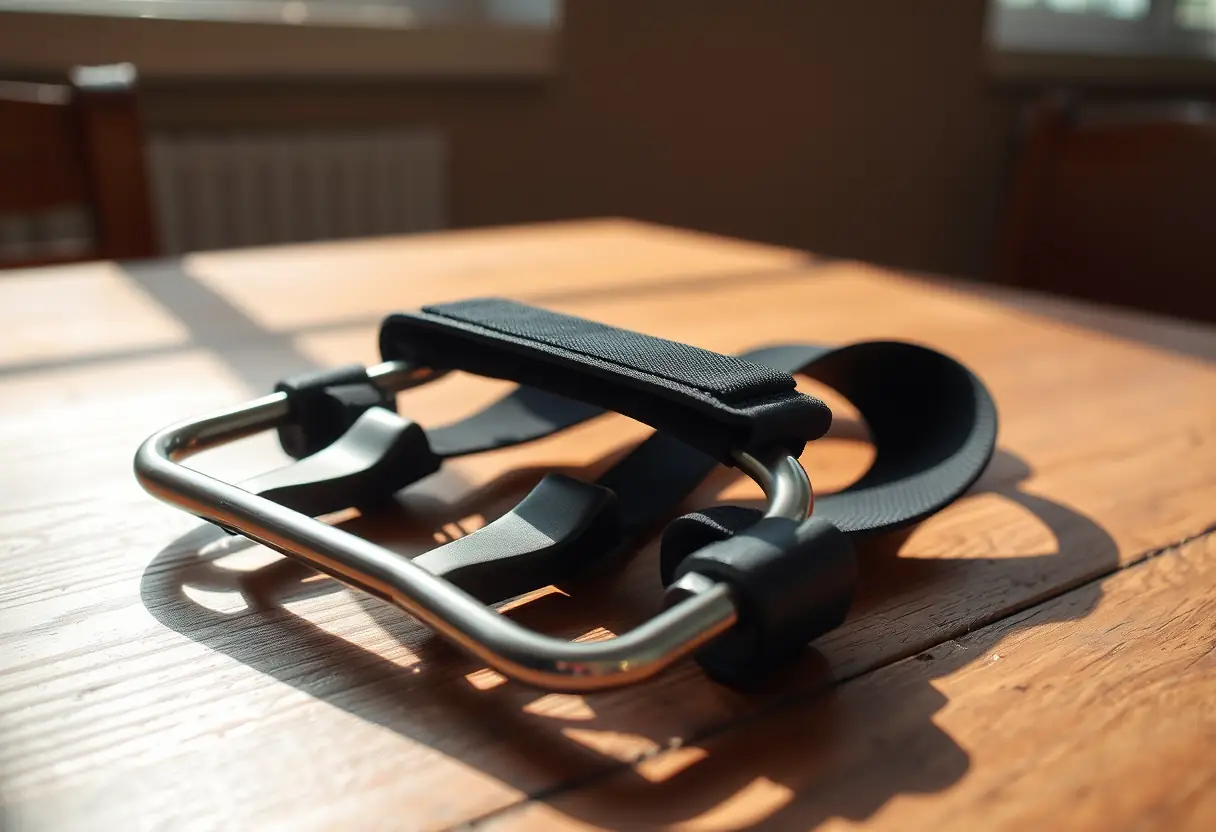 Ceinture métallique et tissu d'un exosquelette posée sur une table, lumière naturelle