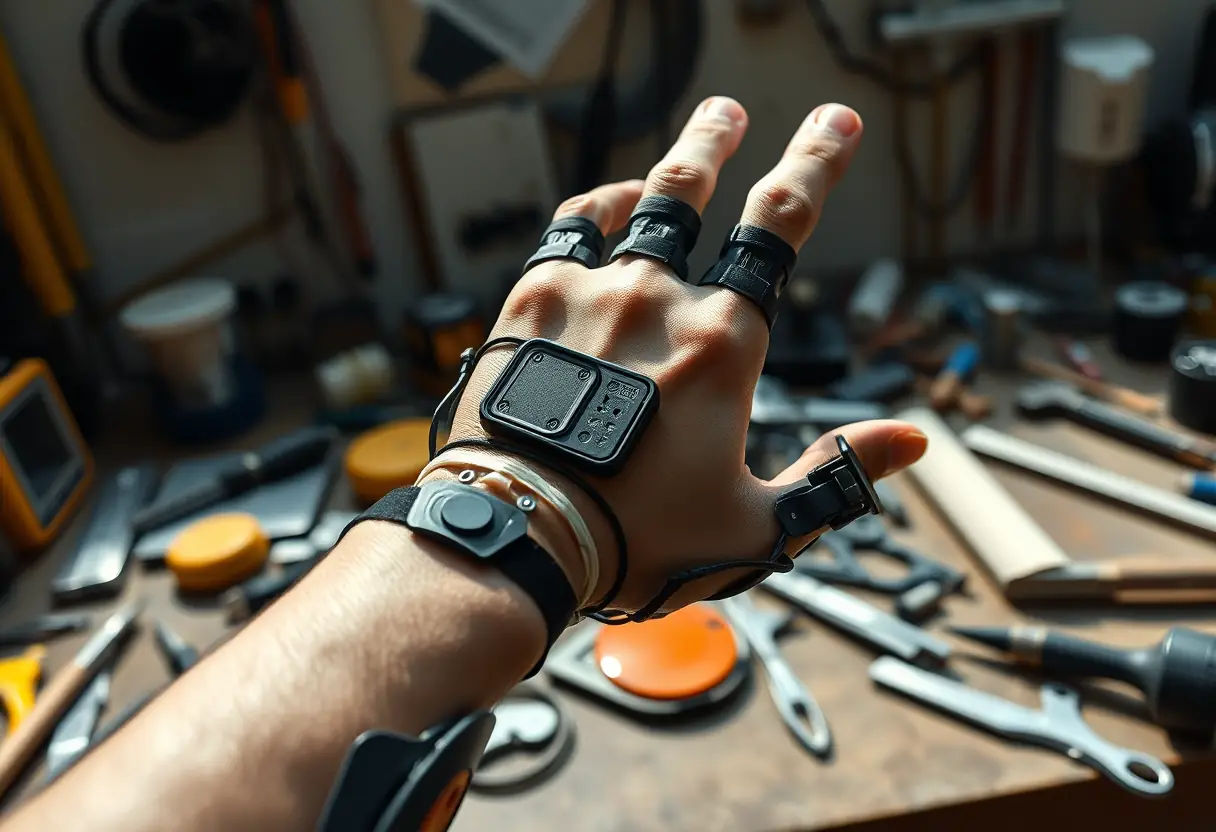 Main avec exosquelette posée sur un bureau, éclairée naturellement, montrant les capteurs et câbles