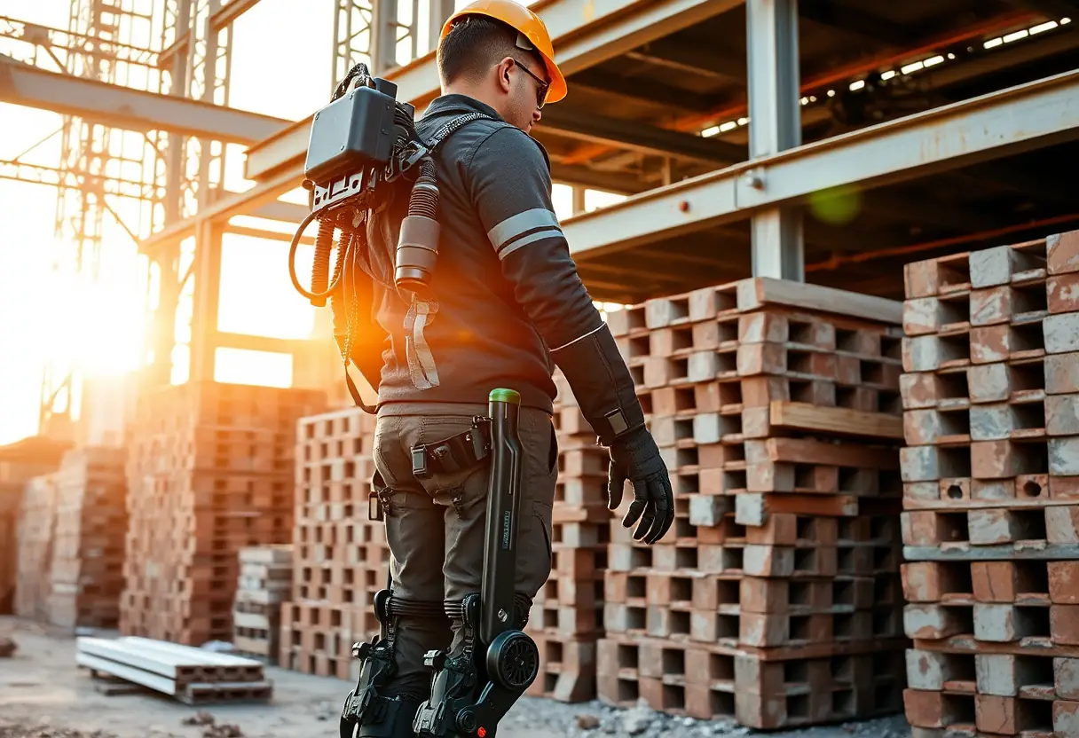 Un opérateur équipé d'un exosquelette sur un chantier de construction, entouré de briques et de poutrelles
