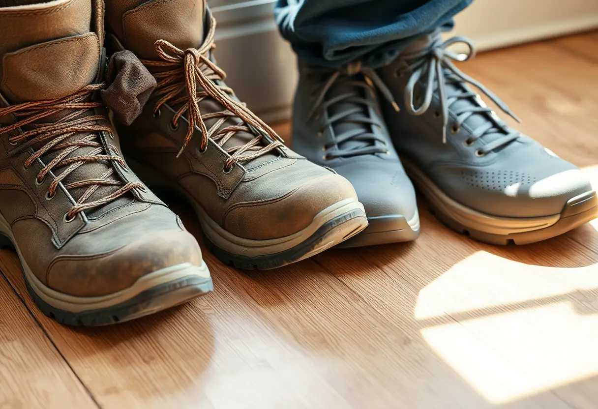 Bottes de randonnée et chaussures de sécurité sur un plancher, lumière naturelle