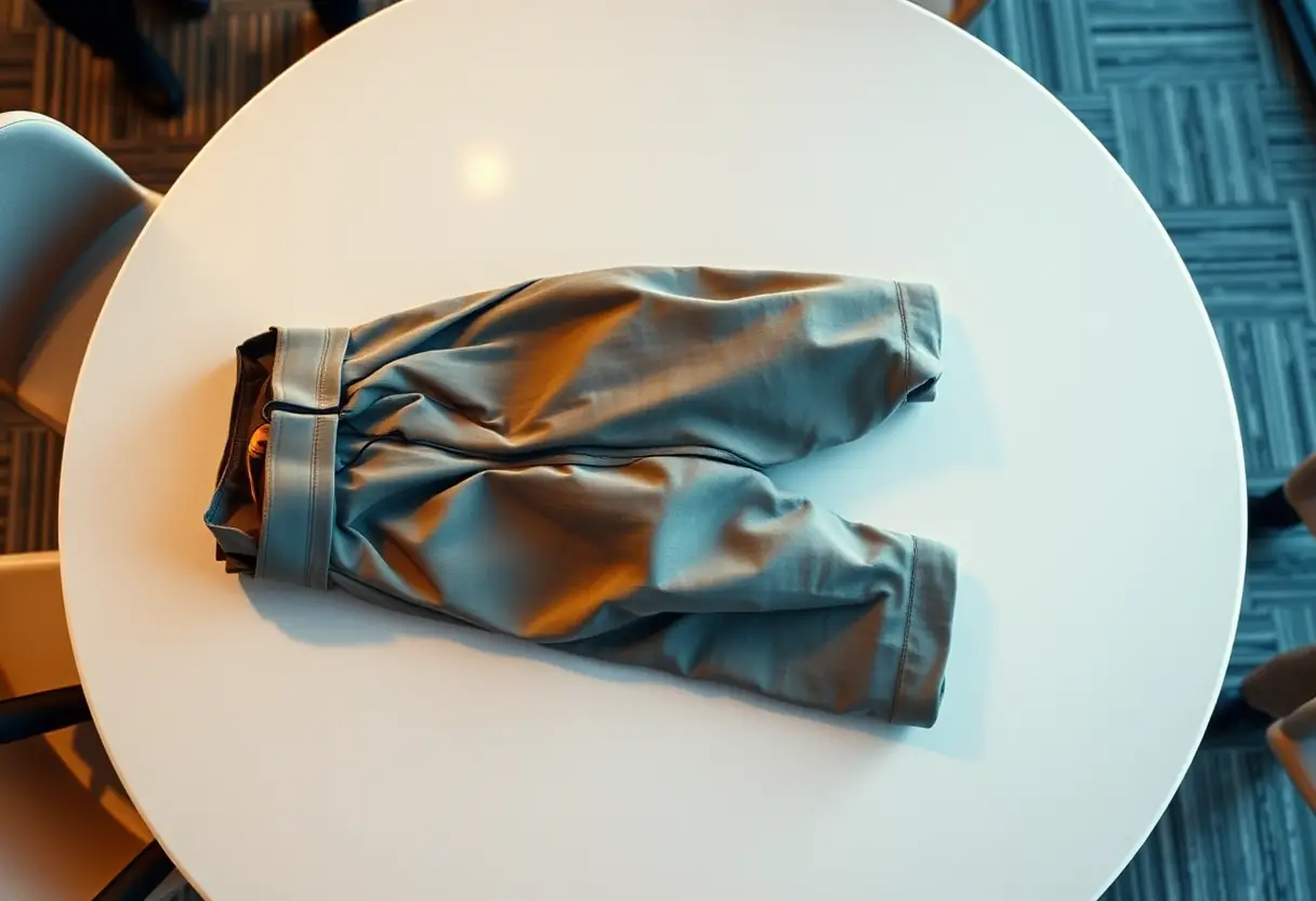 Exosquelette Moon plié sur une table d'exposition technique, soulignant sa flexibilité
