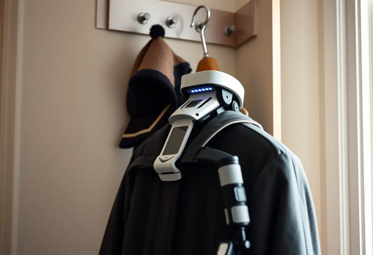 Exosquelette actif accroché à une patère avec manteau et chapeau, lumière douce