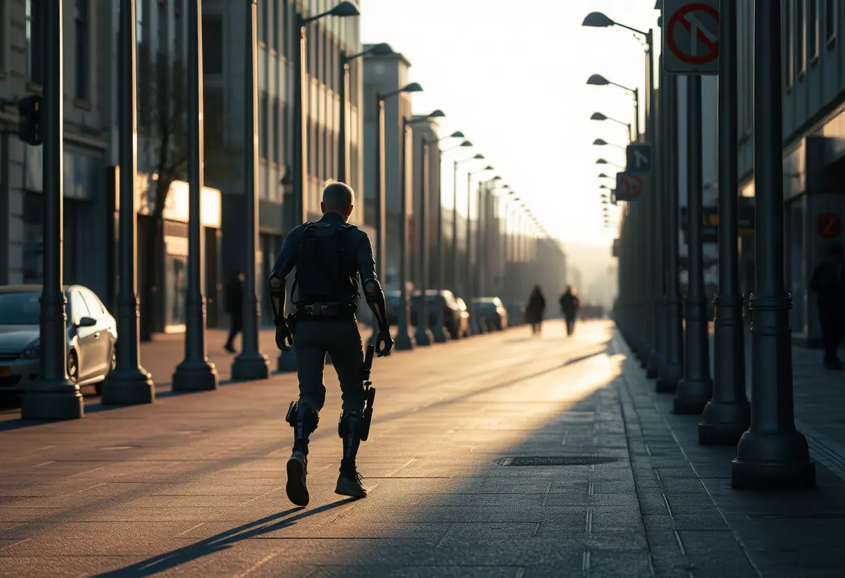 Un utilisateur d'exosquelette passe près de poteaux électriques métalliques sur une rue animée