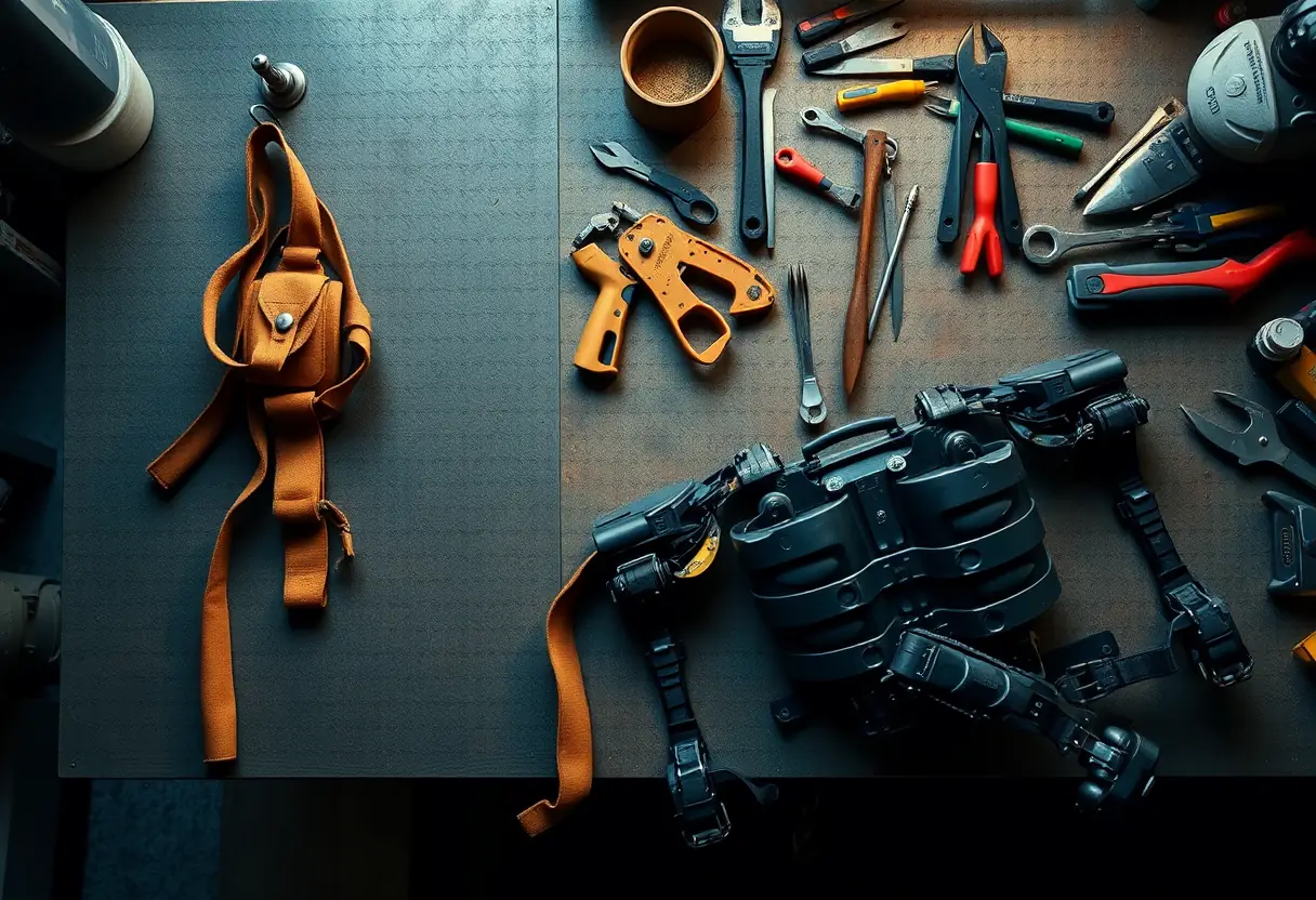 Ceinture de travail et outils près d'un exosquelette posé