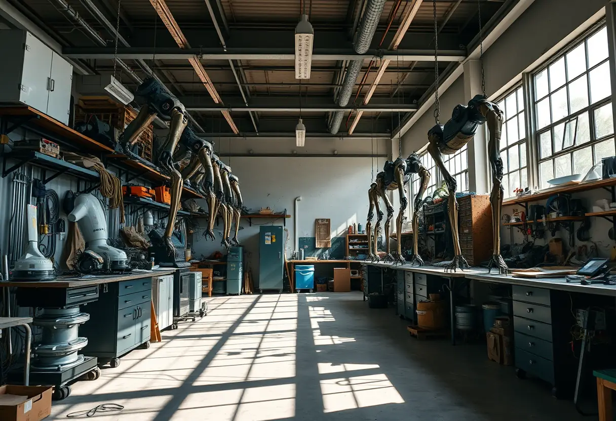 Atelier de fabrication avec pièces mécaniques et exosquelettes en cours d'assemblage