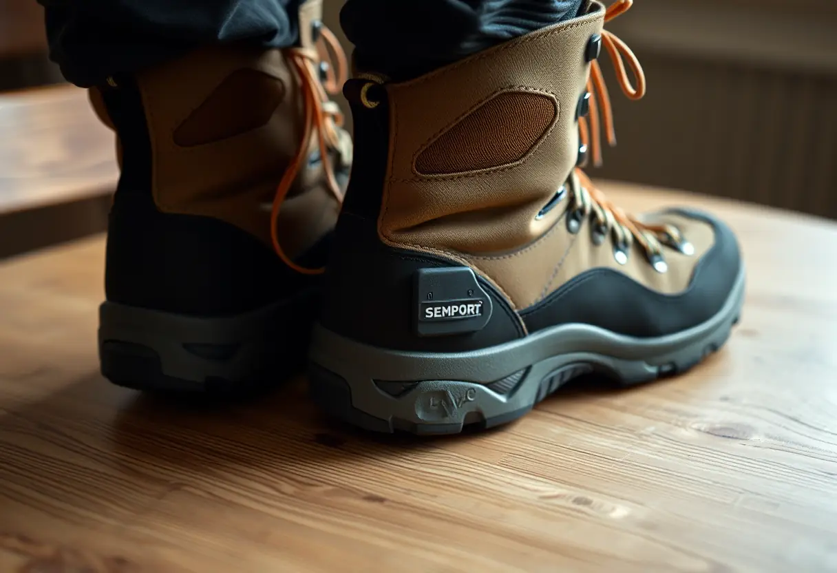 Chaussures de randonnée avec capteurs, posées sur une table, technologie intégrée
