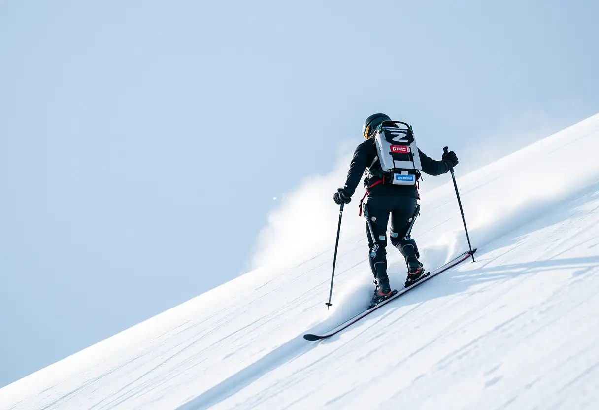 Un skieur équipé d'un exosquelette descend une piste enneigée, prouvant son efficacité