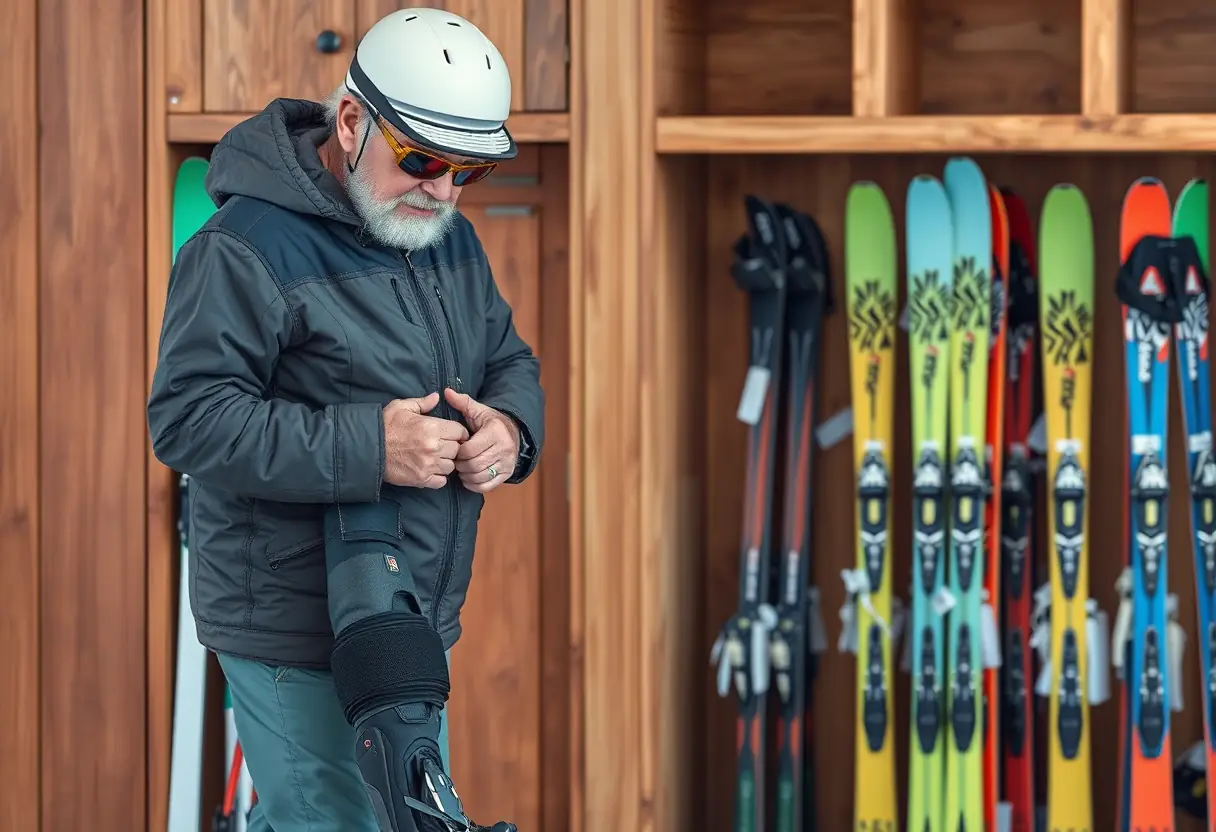 Un skieur âgé ajuste son exosquelette près d'un casier à skis en bois rempli de matériel de ski