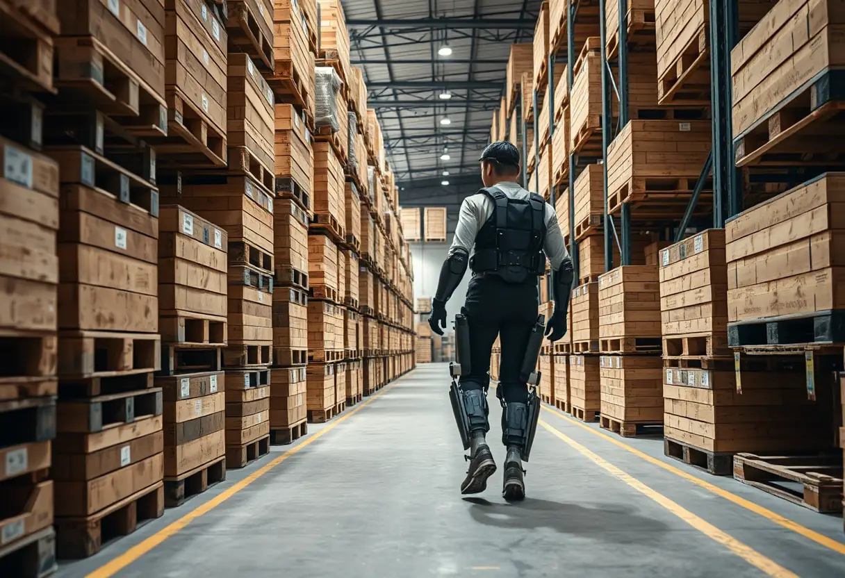 Opérateur utilisant un exosquelette pour se déplacer entre les rangées de palettes dans un entrepôt