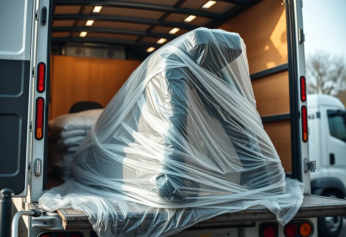 Un exosquelette enveloppé dans du papier bulle et des couvertures sur un camion de livraison