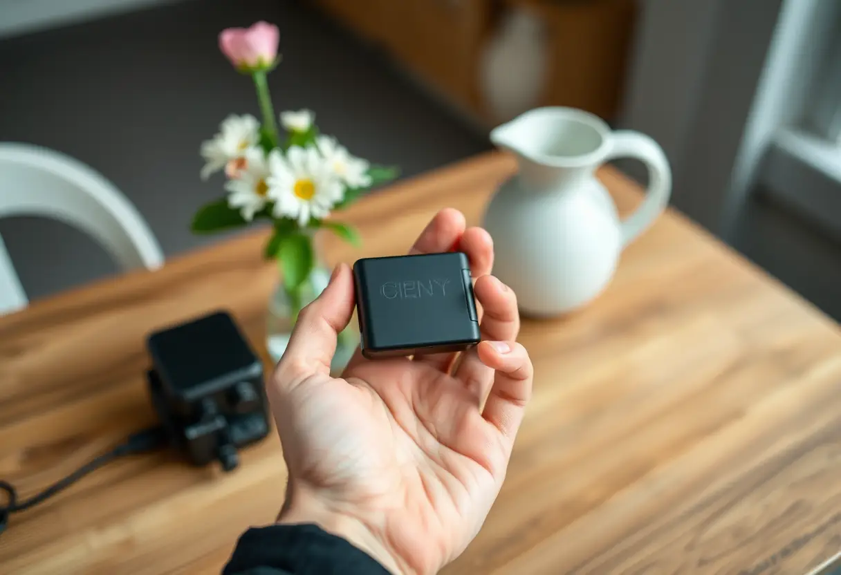 Main rechargeur de batterie posé sur une table avec un vase de fleurs, mettant en valeur la facilité d'utilisation du dispositif exosquelettaire