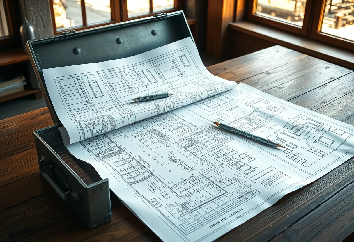 Boîte métallique avec plans techniques étalés sur une table en bois, lumière naturelle