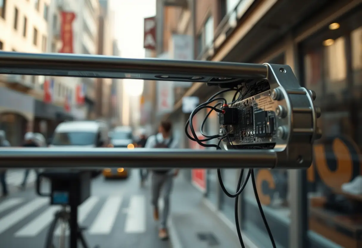 Un cadre rapproché d'une structure métallique avec des câbles et des capteurs, reflétant la technologie dans une vie urbaine