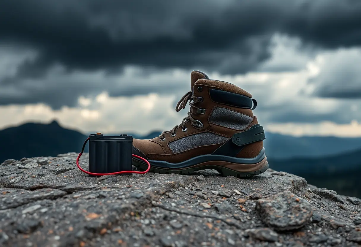 Bottes de randonnée et batterie déchargée symbolisant la dépendance à l'énergie pour les exosquelettes