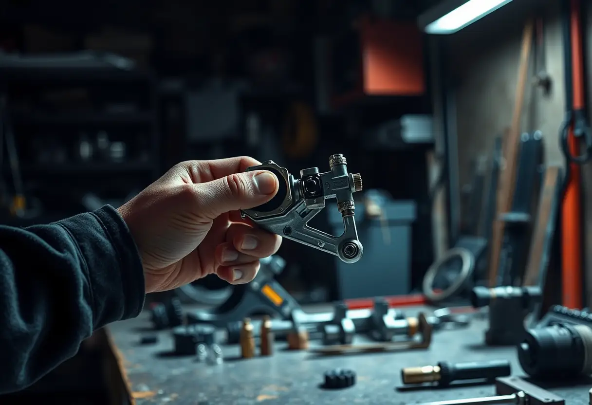 Main de mécanicien travaillant sur une articulation métallique d'un prototype d'exosquelette
