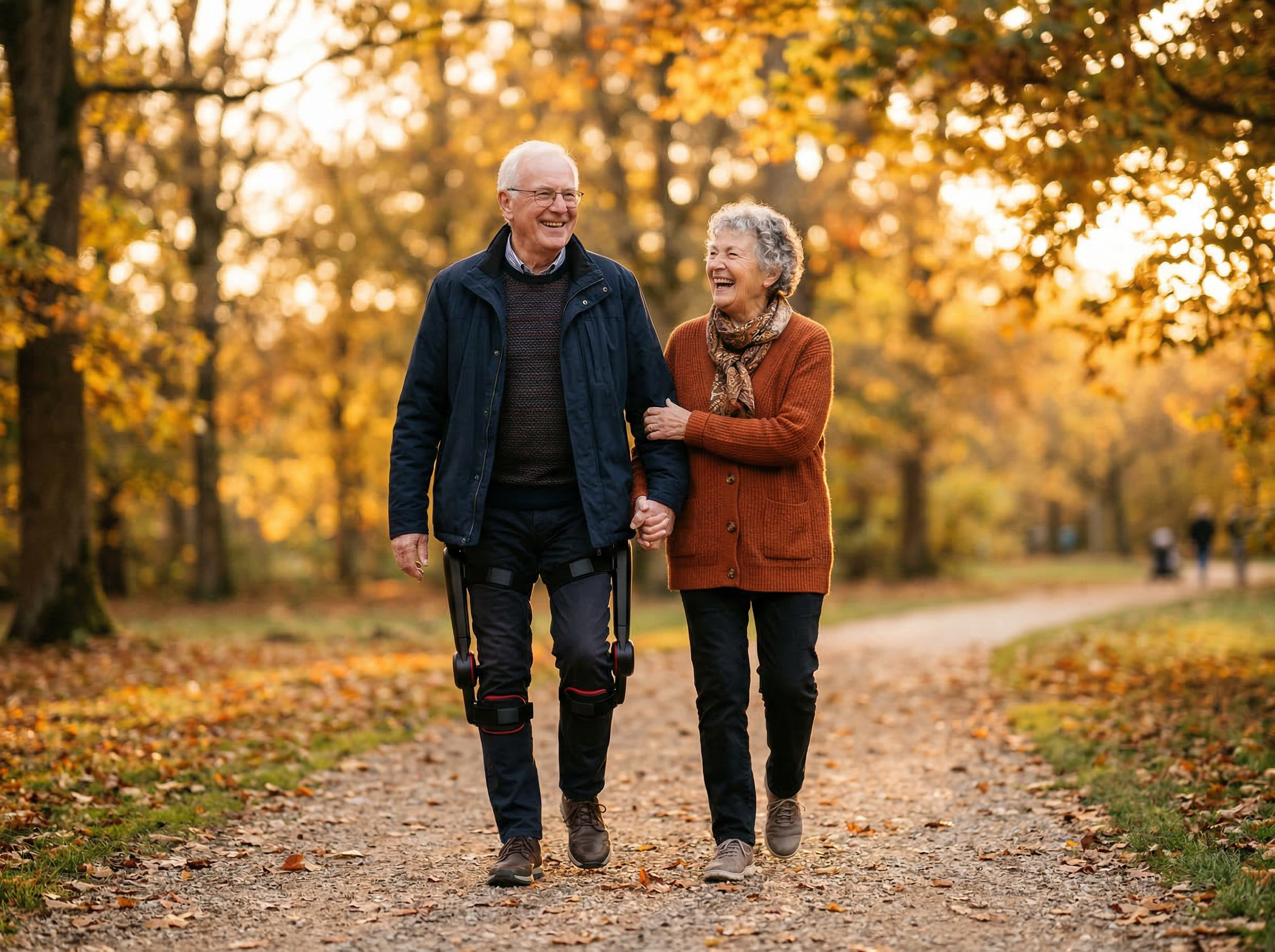 Senior couple walking together in an autumn park with the exoskeleton